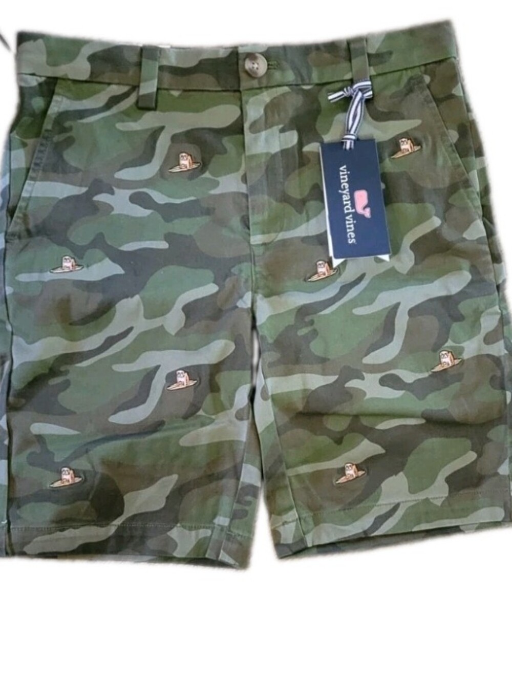 Vineyard Vines Embroidered Surfing Dog Green Camo Breaker Chino Shorts Preppy